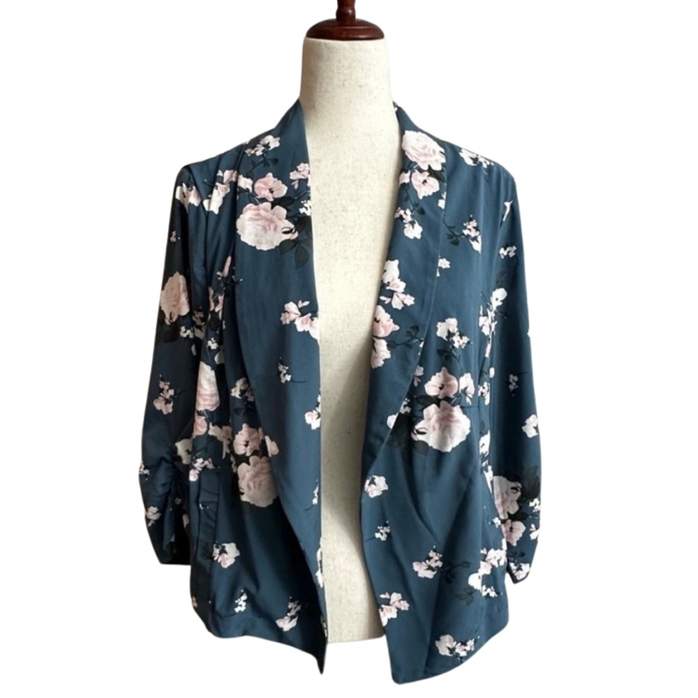 torrid Teal Floral Open Blazer with Pink Flowers